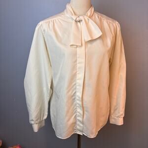 Vintage Alicia Neck Tie Cream Blouse Women's Size 12 Long Sleeve 80s Cottage